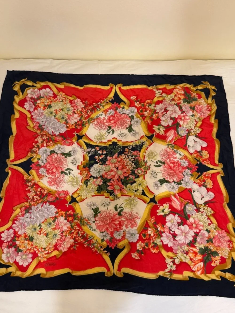 VINTAGE ERRE RED GOLD RIBBON MOTIF FLORAL HAND ROLLED SQUARE SILK SCARF ITALY